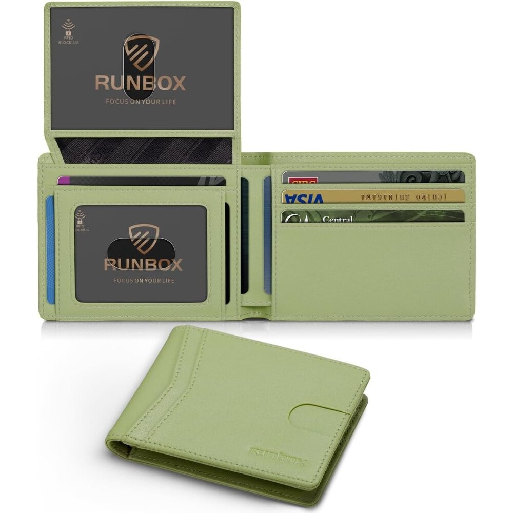 ⚡Runbox Men Light Grass Green Leather Slim 2 ID Window Gift Box‎ Wallet